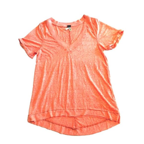 Free People Pearls Raw Edge Orange V-Neck Burnout T-shirt - Picture 3 of 6